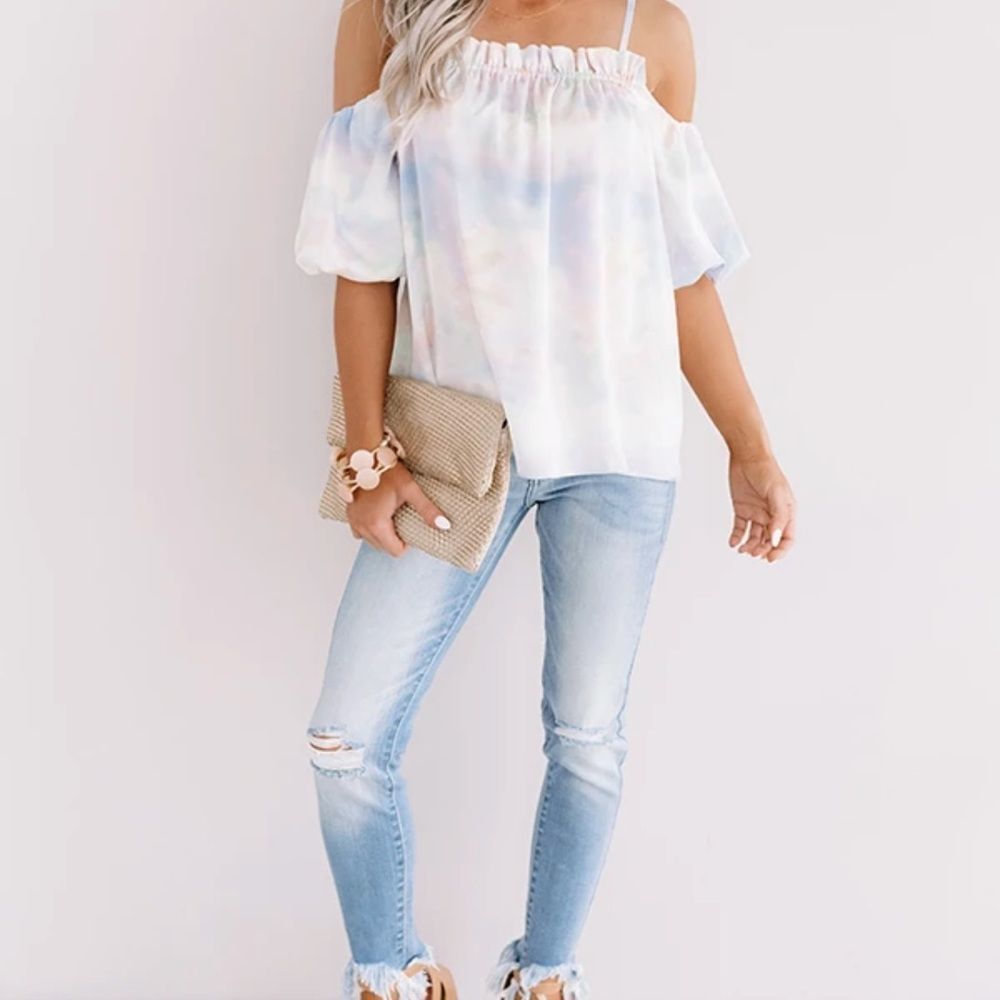 NWOT”Fate” Cold Shoulder Watercolor Top